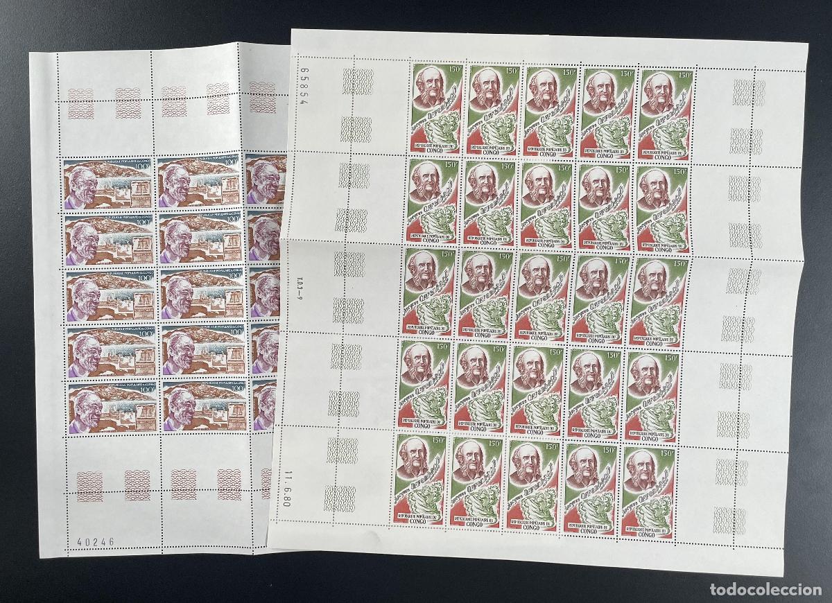 Briefmarken: Congo 1980 YT PA 278 279 tabl&oacute;n Albert Camus escritor Jacques Offenbach m&uacute;sica