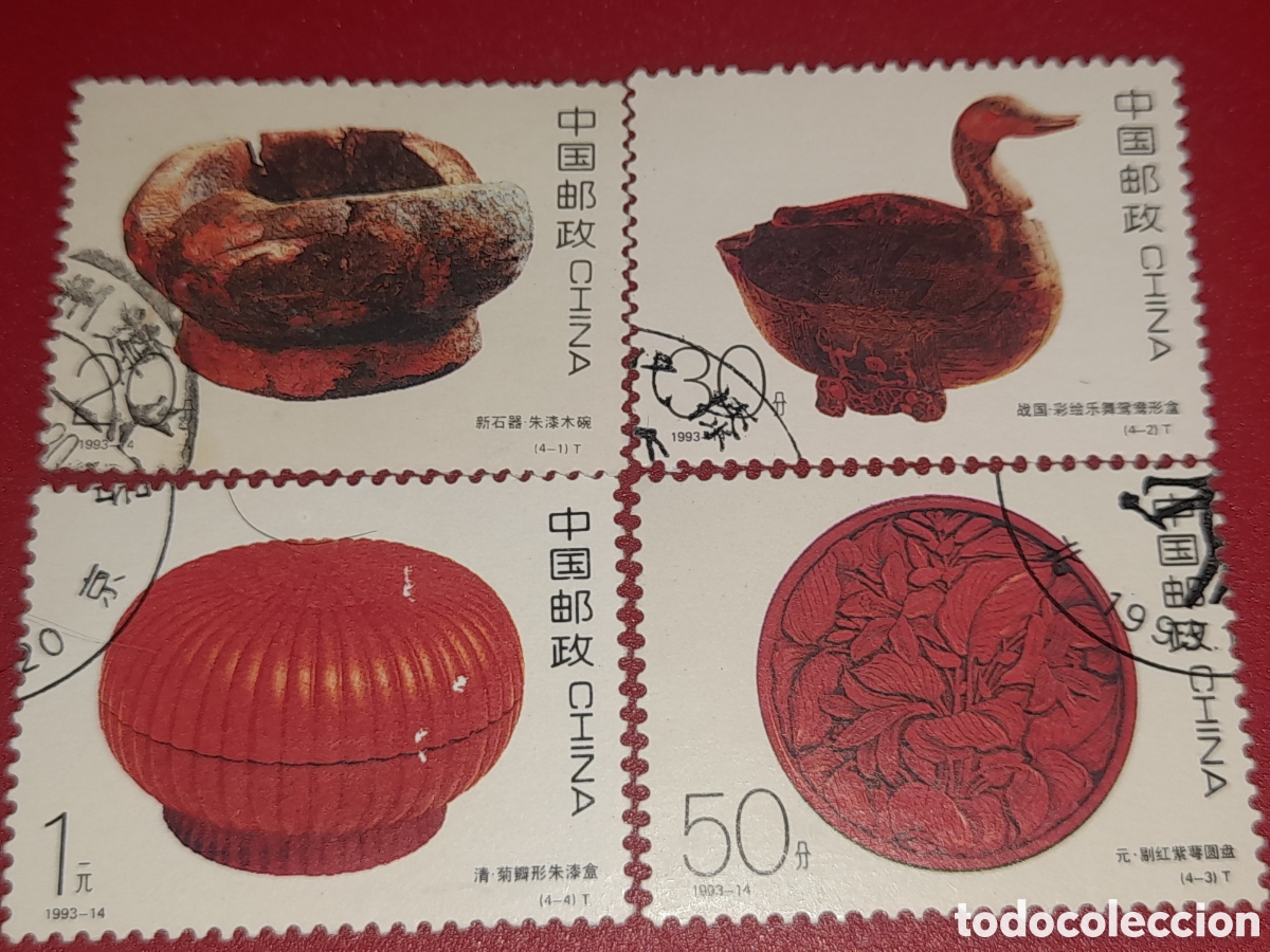 Sellos: Sello China mtdo 1993. Artesania lacada. Arte. Arqueolog&iacute;a. Tesoros. Disco. Caja. P&eacute;talos. Neolitico