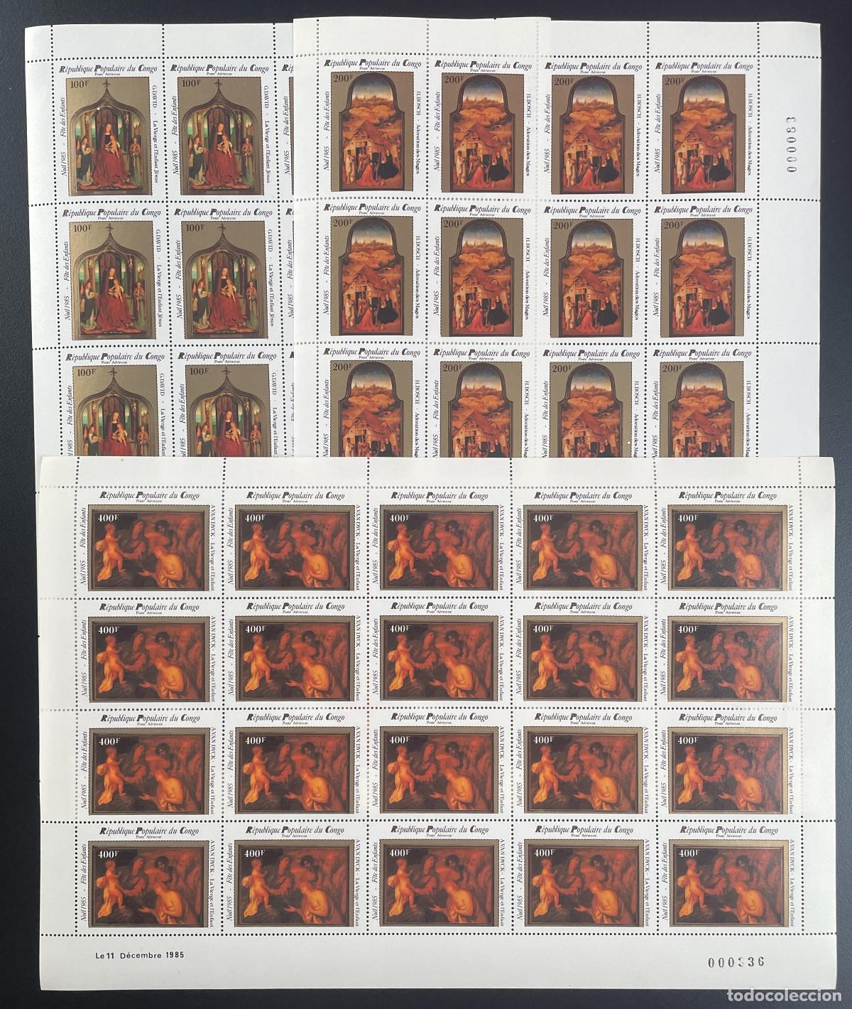 Sellos: Congo 1985 YT PA 340-342 tabl&oacute;n Pintura navide&ntilde;a Memling Van Dyck art