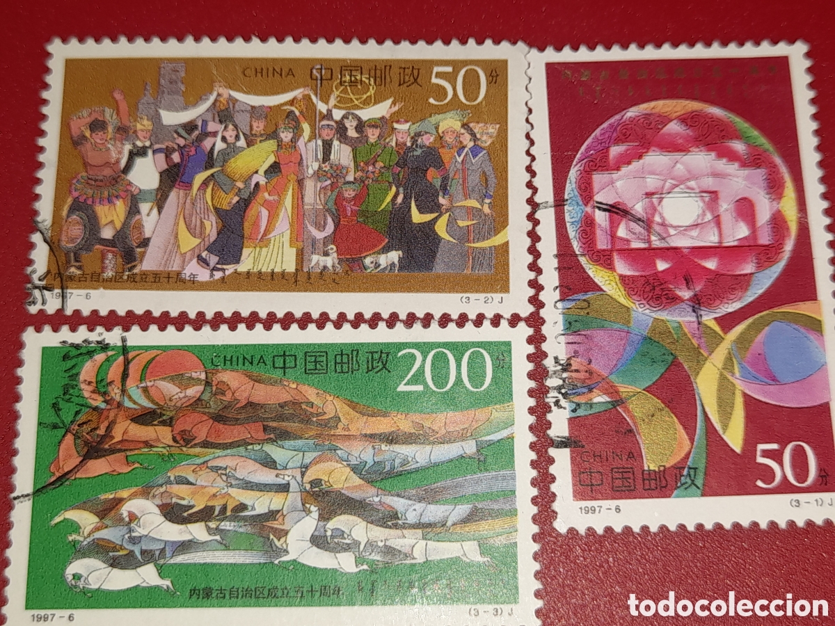 Sellos: Sello China mtdo 1997. 50Aniv autonom&iacute;a Mongolia interior. Folclore. Danzas. Disfraz. Caballo. Flore