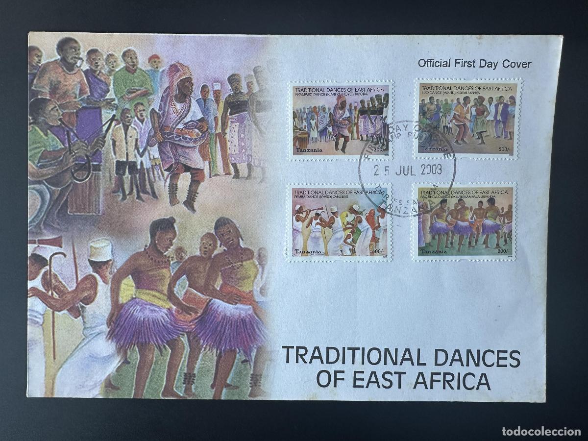 Sellos: Tanzania 2003 Mi. 4108 - 4111 FDC Primer d&iacute;a Danzas tradicionales Danza de &Aacute;frica Oriental