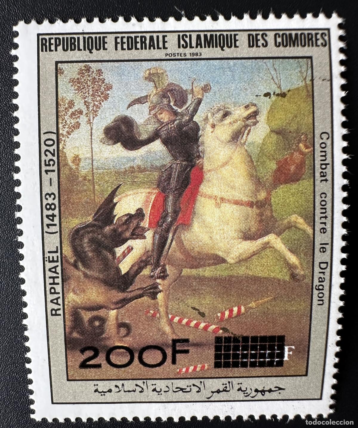 Sellos: Comoras 1996 Mi. 1165 I 200F/300F sobrecargado Raphael Art luchando contra un caballo drag&oacute;n