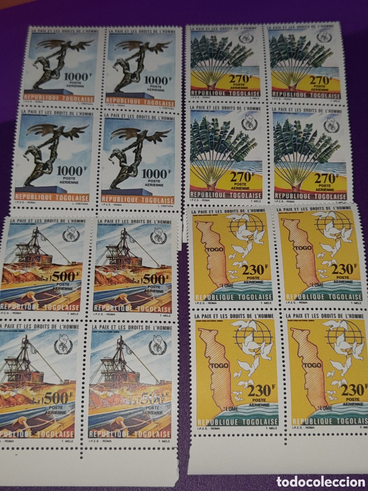 Sellos: Sello Togo nuevo 1985. Derechos humanos. Paz. Aves. Palomas. Arboles. Cartografia. Industria Estatua