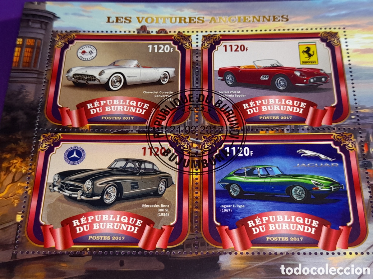 Sellos: HB Burundi mtdo 2017. Transporte. Coches. Autom&oacute;vil. Veh&iacute;culo. Mercedes. Ferrari.