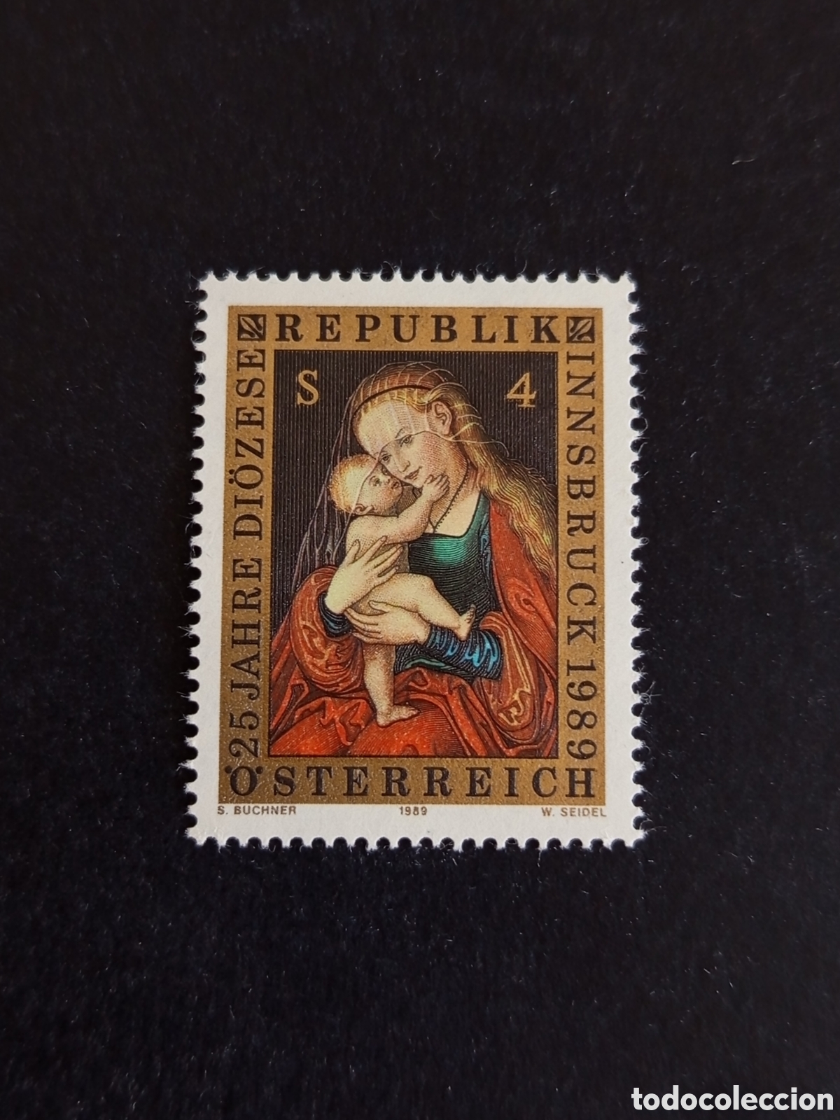 Sellos: AUSTRIA, 1989 25 Aniversario Di&oacute;cesis de Insbruck. Virgen de L. Carnach. Yvert 1773.Pedido m&iacute;nimo 3&euro;