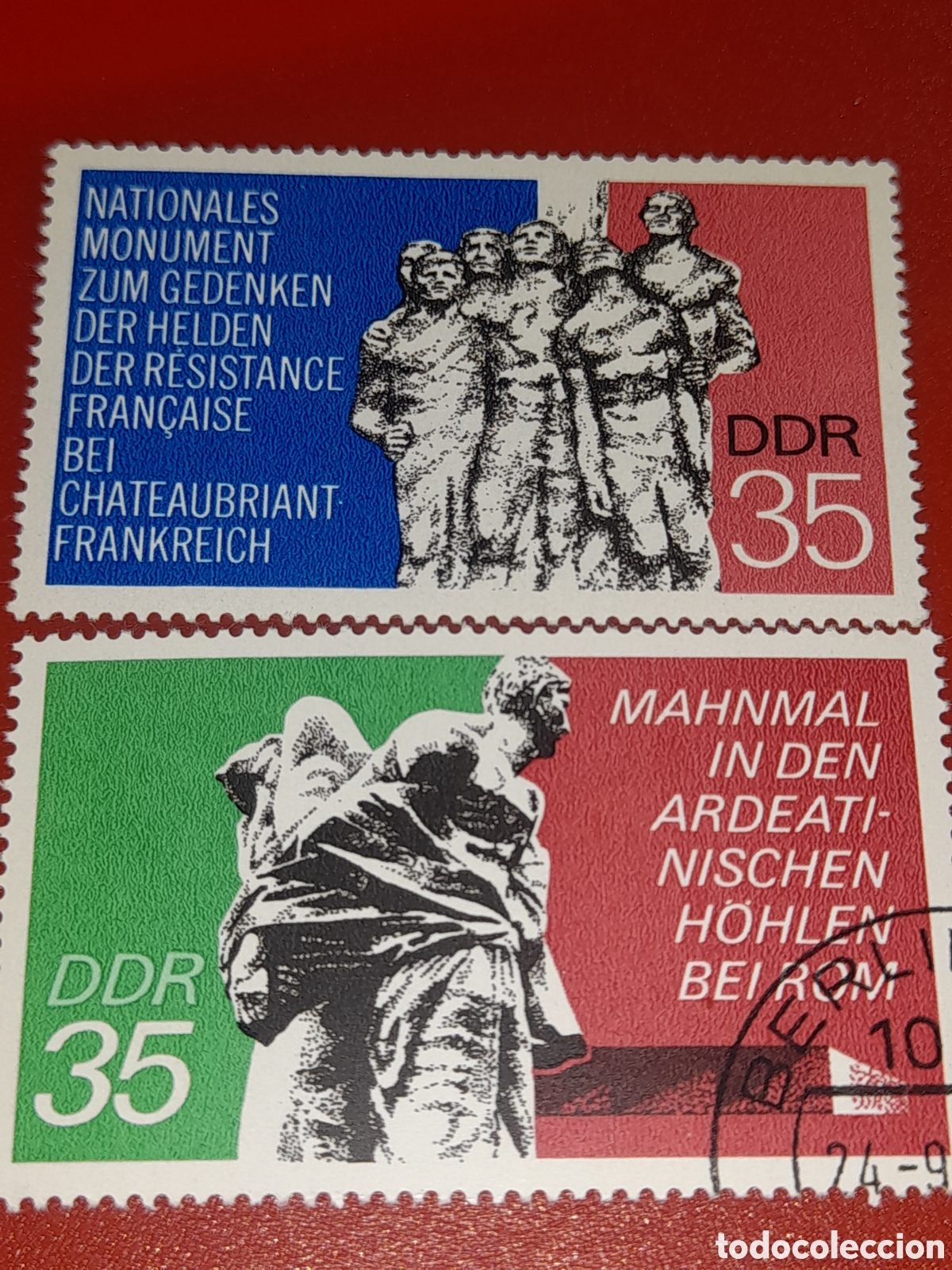 Sellos: Sello Alemania, DDR mtdo 1974. Monumento contra nacis. Roma, Francia, bandera. Escultura. Arte.