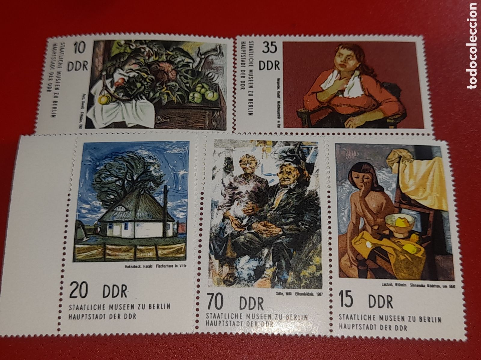 Sellos: Sello Alemania, DDR nuevo 1974. Arte. Pinturas. Museo Berlin. Bodeg&oacute;n. Fruta. Gatos. Familia. Chica.