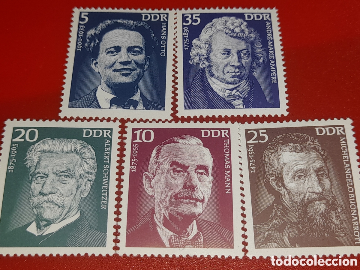 Sellos: Sello Alemania, DDR nuevo 1975. Famosos. Ampare, f&iacute;sico. Schweitzer, m&eacute;dico. Miguel &Aacute;ngel, escultor.