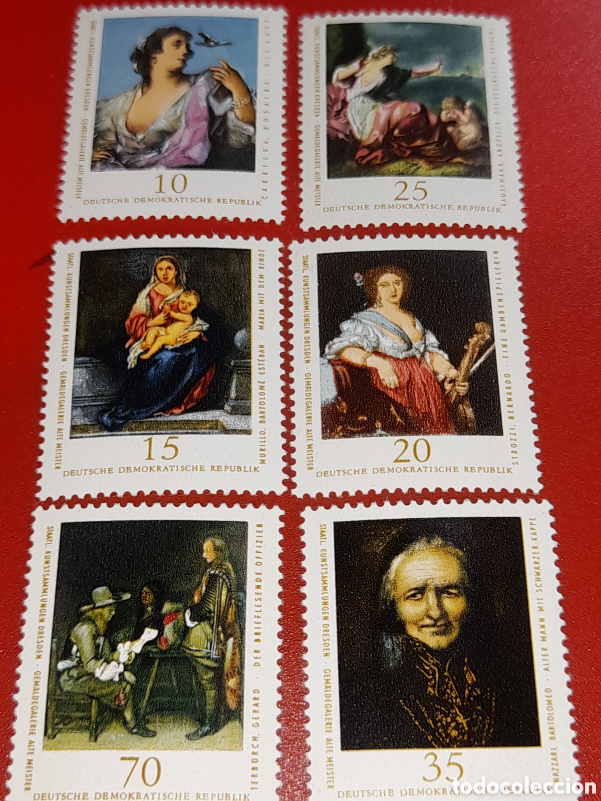 Sellos: Sello Alemania, DDR nuevo 1976. Murillo. Virgen. Pinturas. Anciano. Cartero real. Ave. Arte.