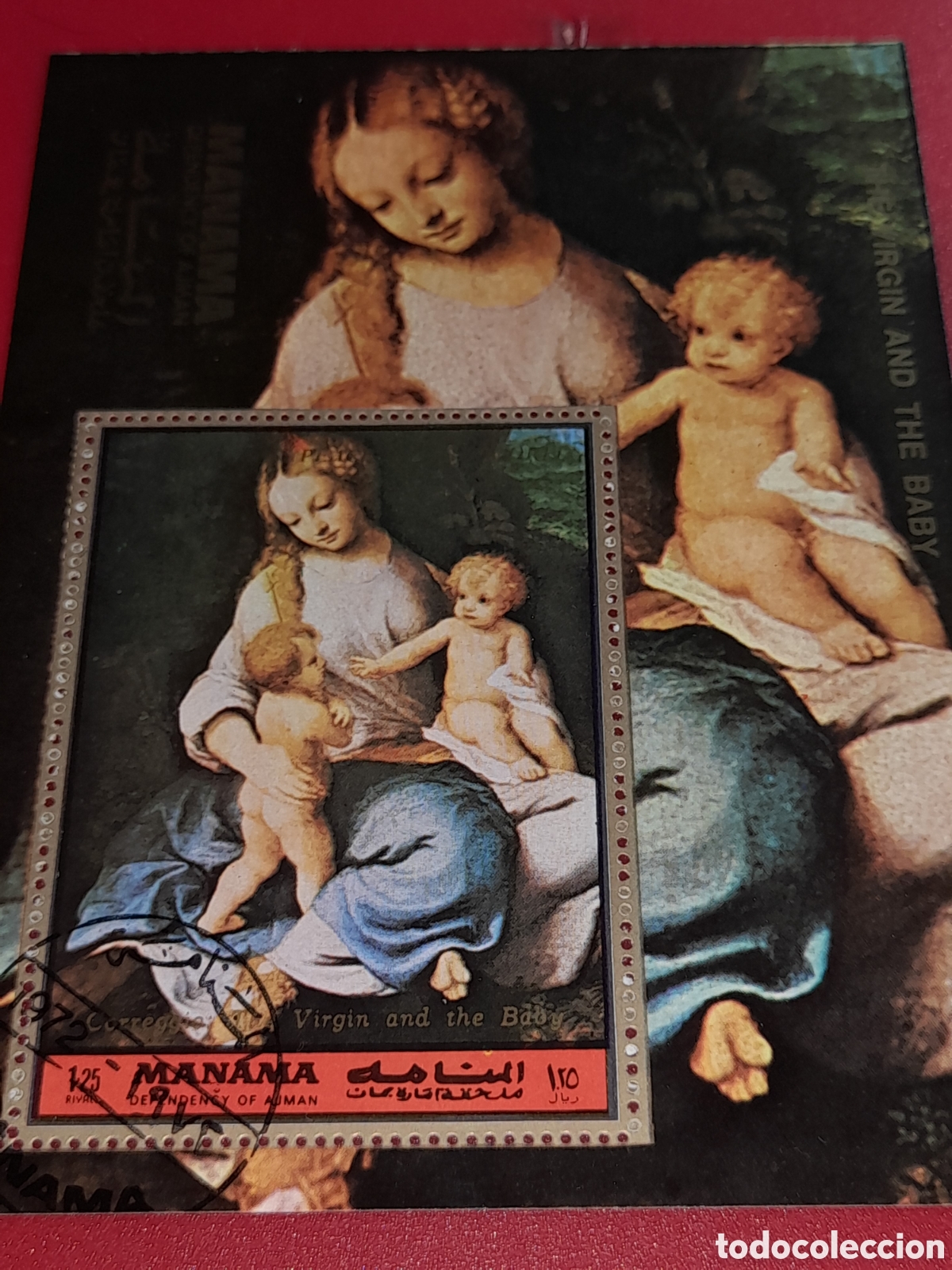 Sellos: HB Manama (E.A.U) mtdo 1972. Pinturas. Arte. Cuadro. La Virgen, el ni&ntilde;o, San Juan. Correggio