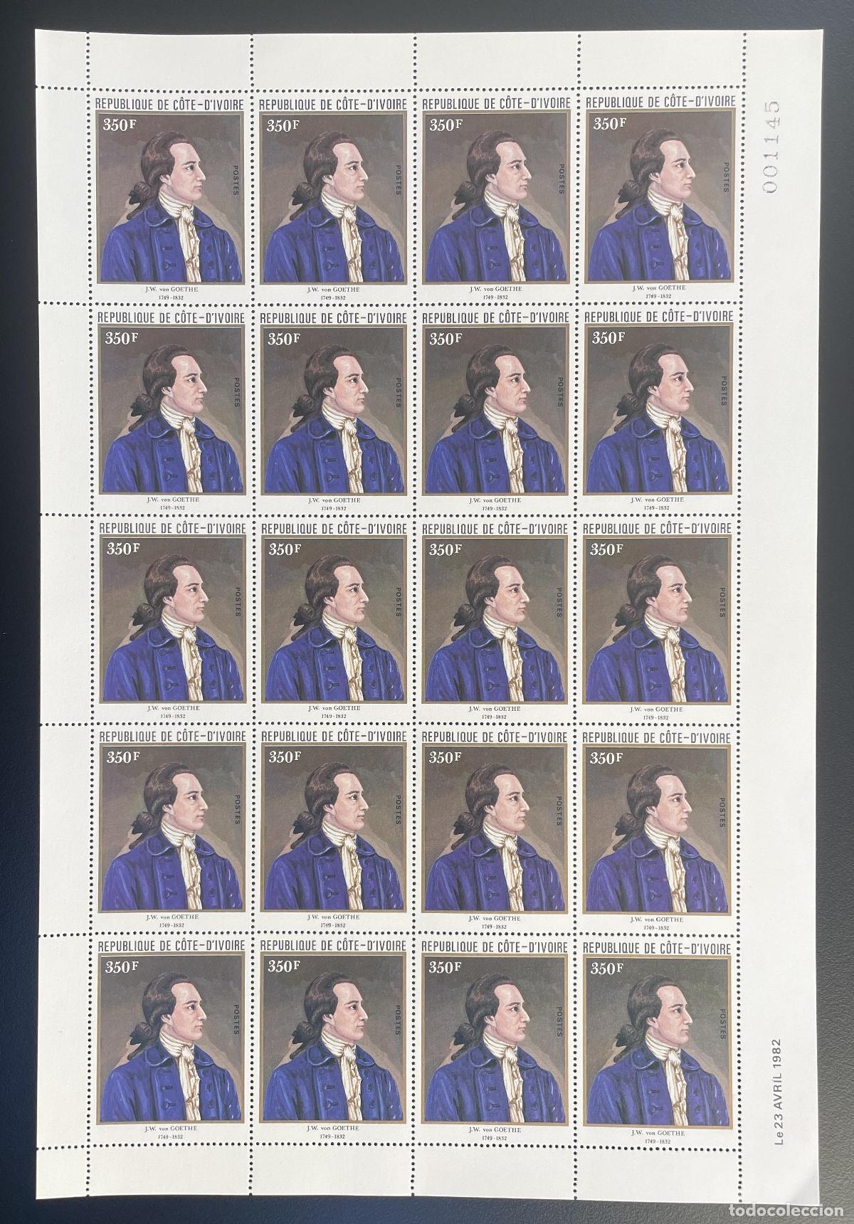 Sellos: Costa de Marfil 1982 YT 610 tabl&oacute;n JW Goethe Poeta escritor alem&aacute;n literatura