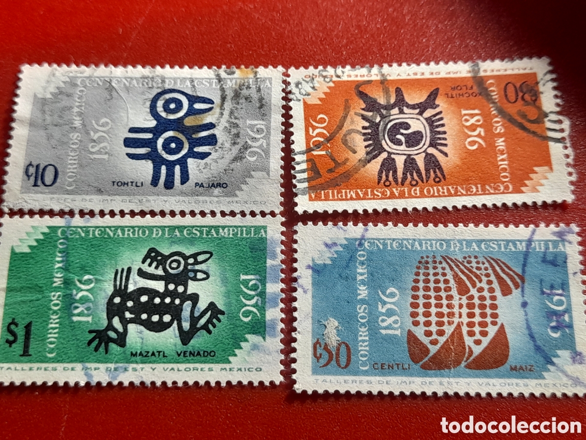 Sellos: Sello (4/6v) Mexic mtdo/udo 1956. 100Aniv sello mexicano. Artesan&iacute;a azteca. Folclore.