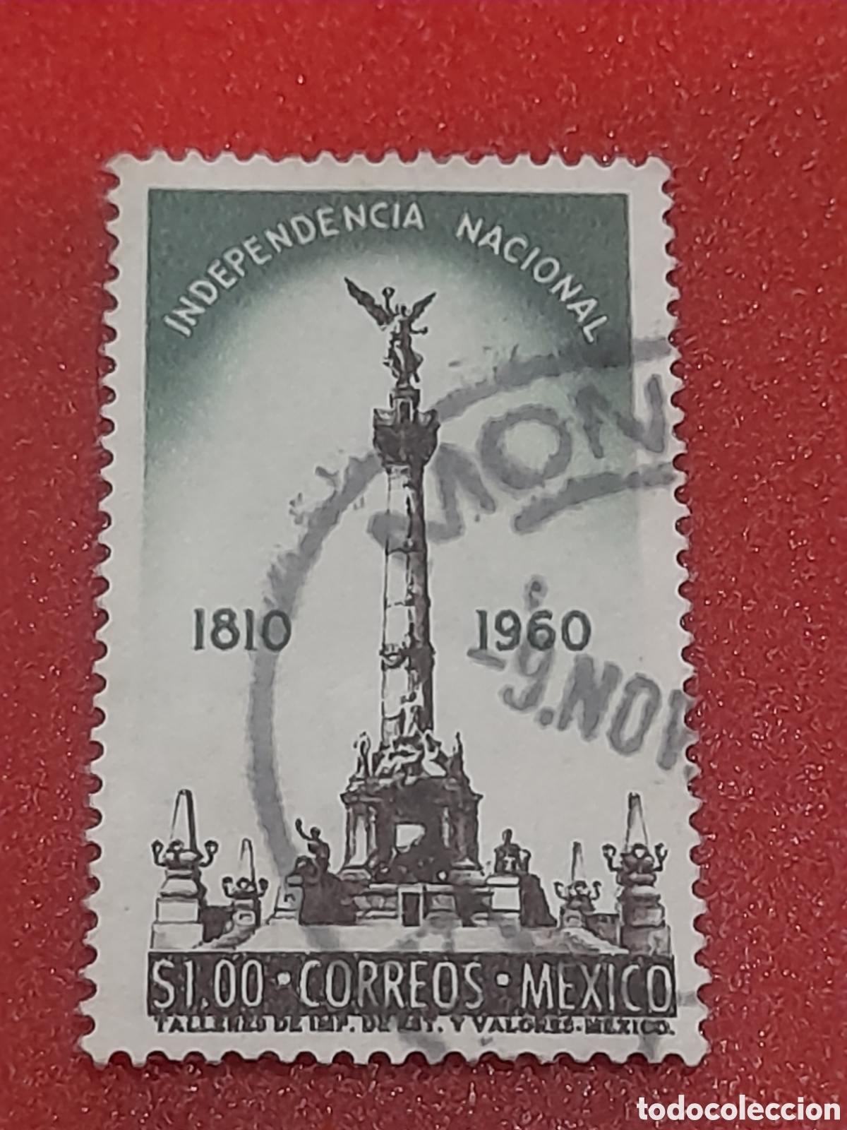 Sellos: Sello (1/3v) Mexico mtdo/udo 1960. 150Aniv independencia. Escultura. Monumento.