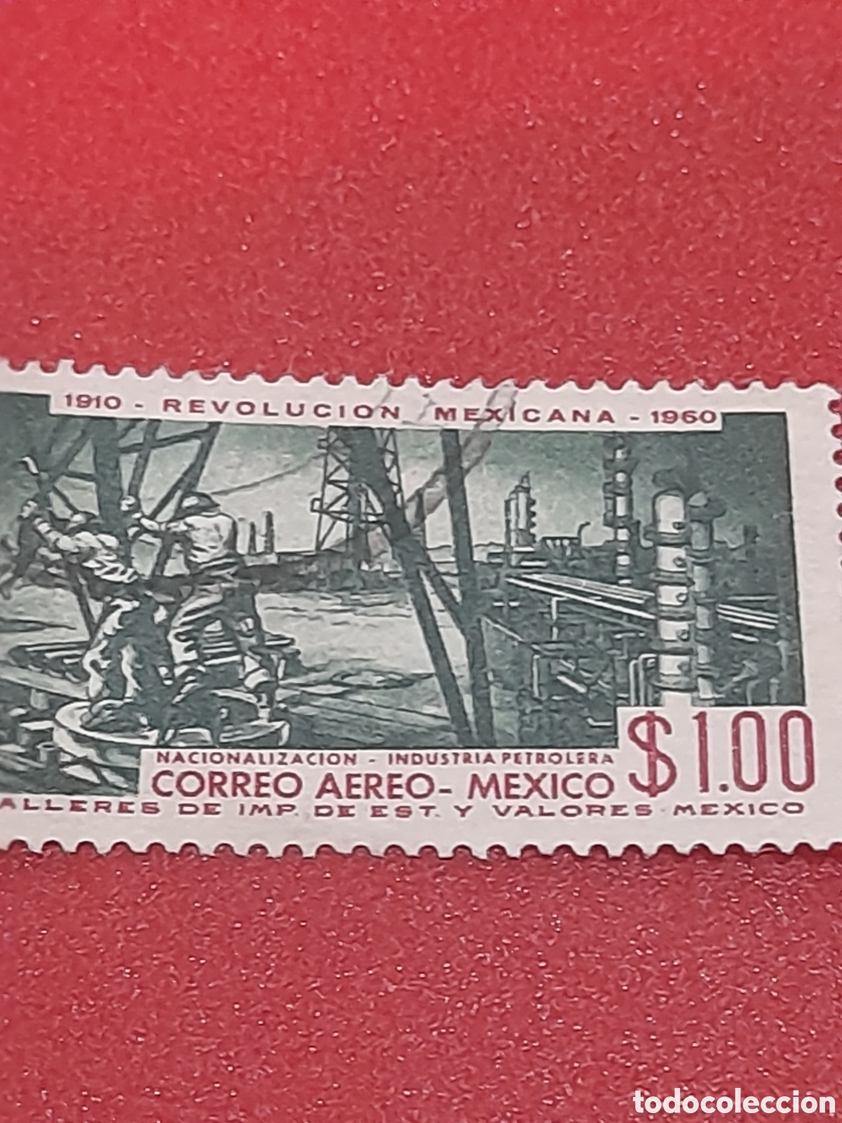 Sellos: Sello (1/4v) Mexico mtdo/udo 1960. 50Aniv revoluci&oacute;n. Industria. Desarrollo. Petr&oacute;leo. Obreros.