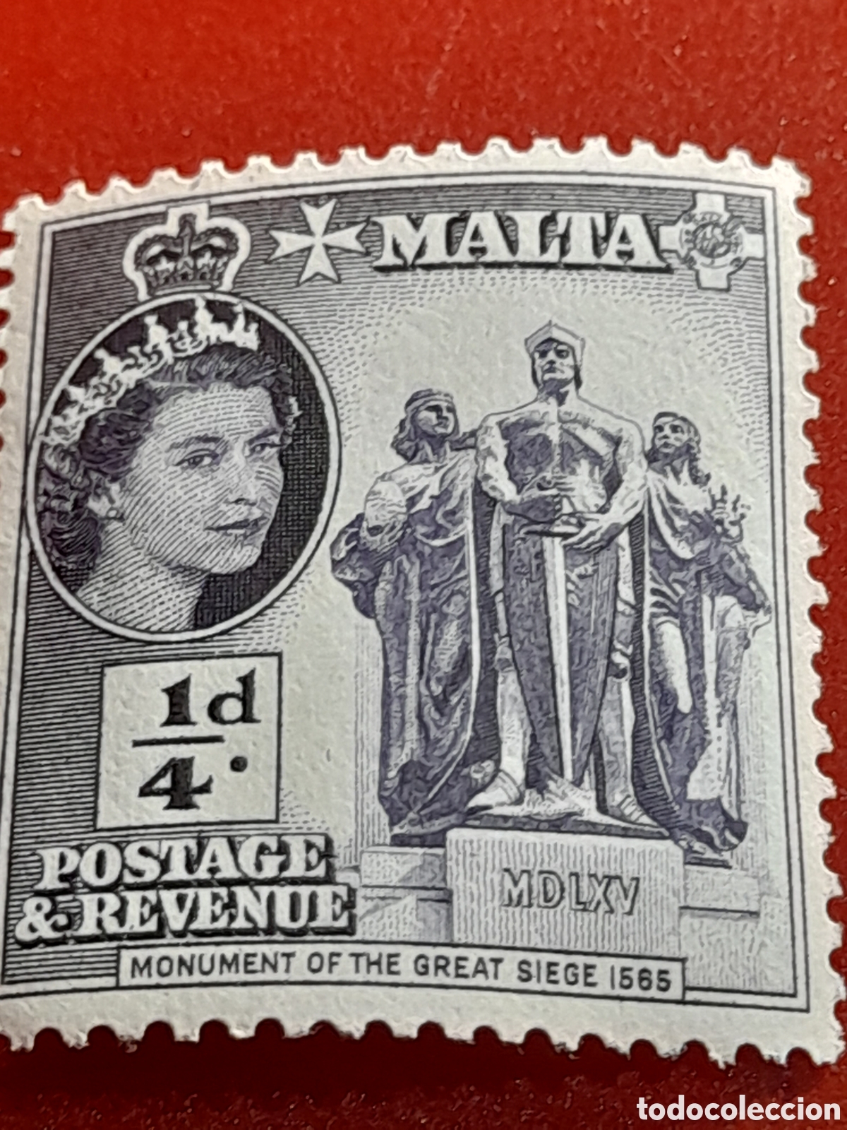 Sellos: Sello (1/17v) Malta nuevo 1956 - 1957. Reina Isabel II. Monumentos al asedio. Bronce. Escultura Arte