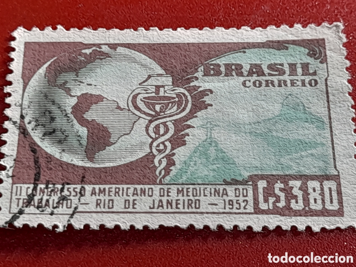 Sellos: Sello Brasil mtdo/udo 1952. 2 Congreso medicina indistrial. Globo terr&aacute;queo. Salud. Vista. Monta&ntilde;a.