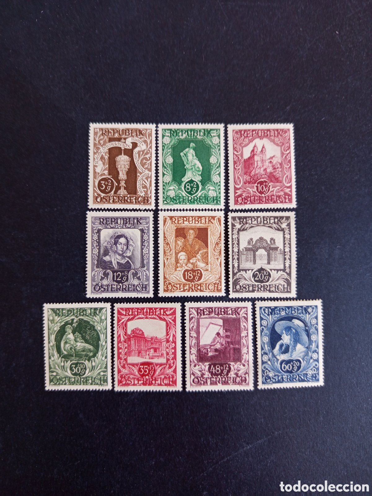 Sellos: AUSTRIA, 1947. Exposici&oacute;n art&iacute;stica en Viena. Yvert 675/84. Ver fotos. Serie completa.