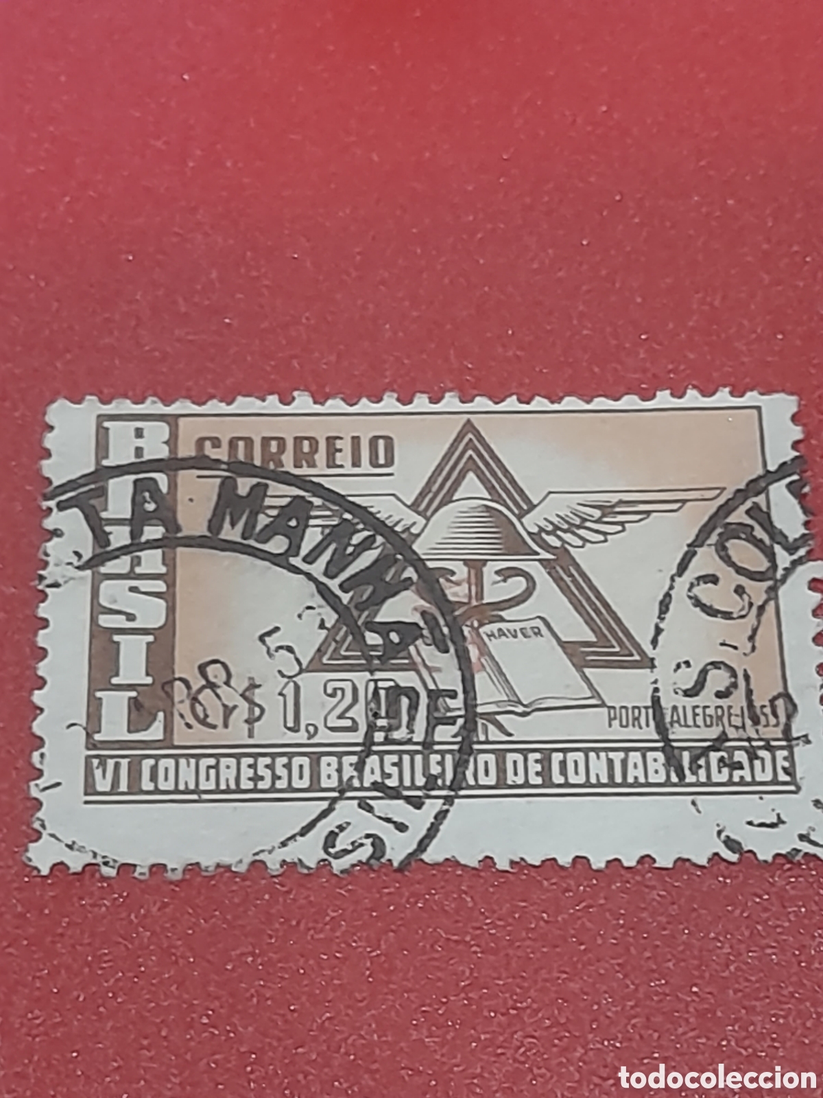 Sellos: Sello Brasil mtdo/udo 1953. 6 Congreso inter contabilidad. N&uacute;meros. Matem&aacute;ticas. Arte. Alas. Libro