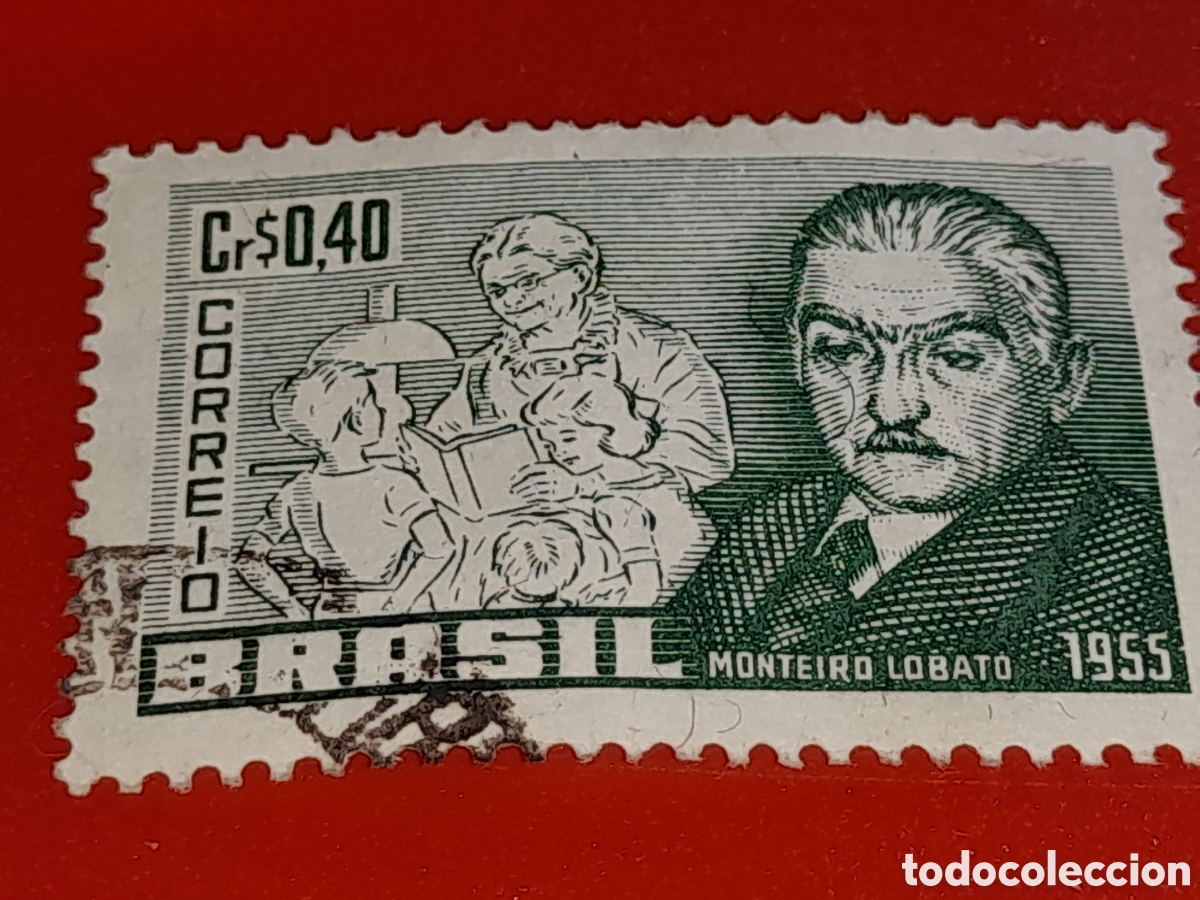 Sellos: Sello Brasil mtdo/udo 1955. Monteiro Lobato. Escritor literatura infancia. Arte. Letras. Autor. Fami