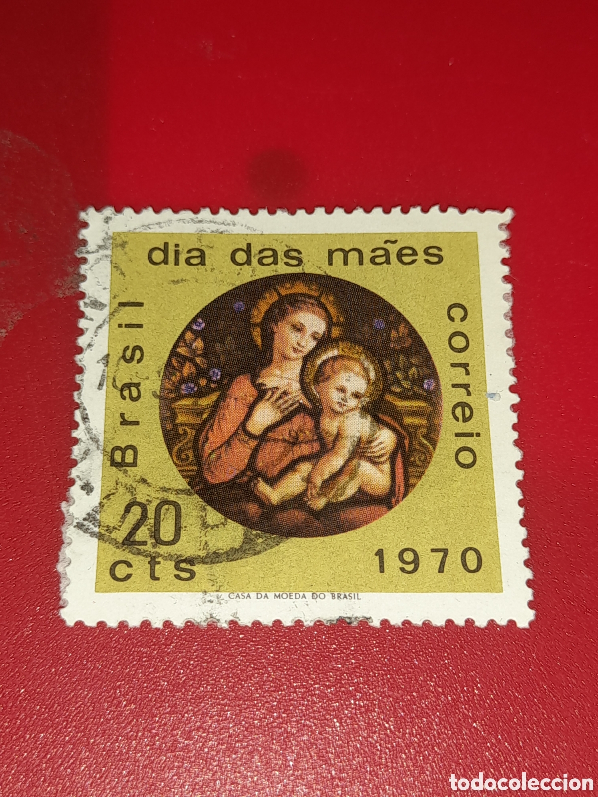 Sellos: Sello Brasil mtdo/udo 1970. D&iacute;a de la madre. Religi&oacute;n. Arte. Pintura. Virgen. Ni&ntilde;o