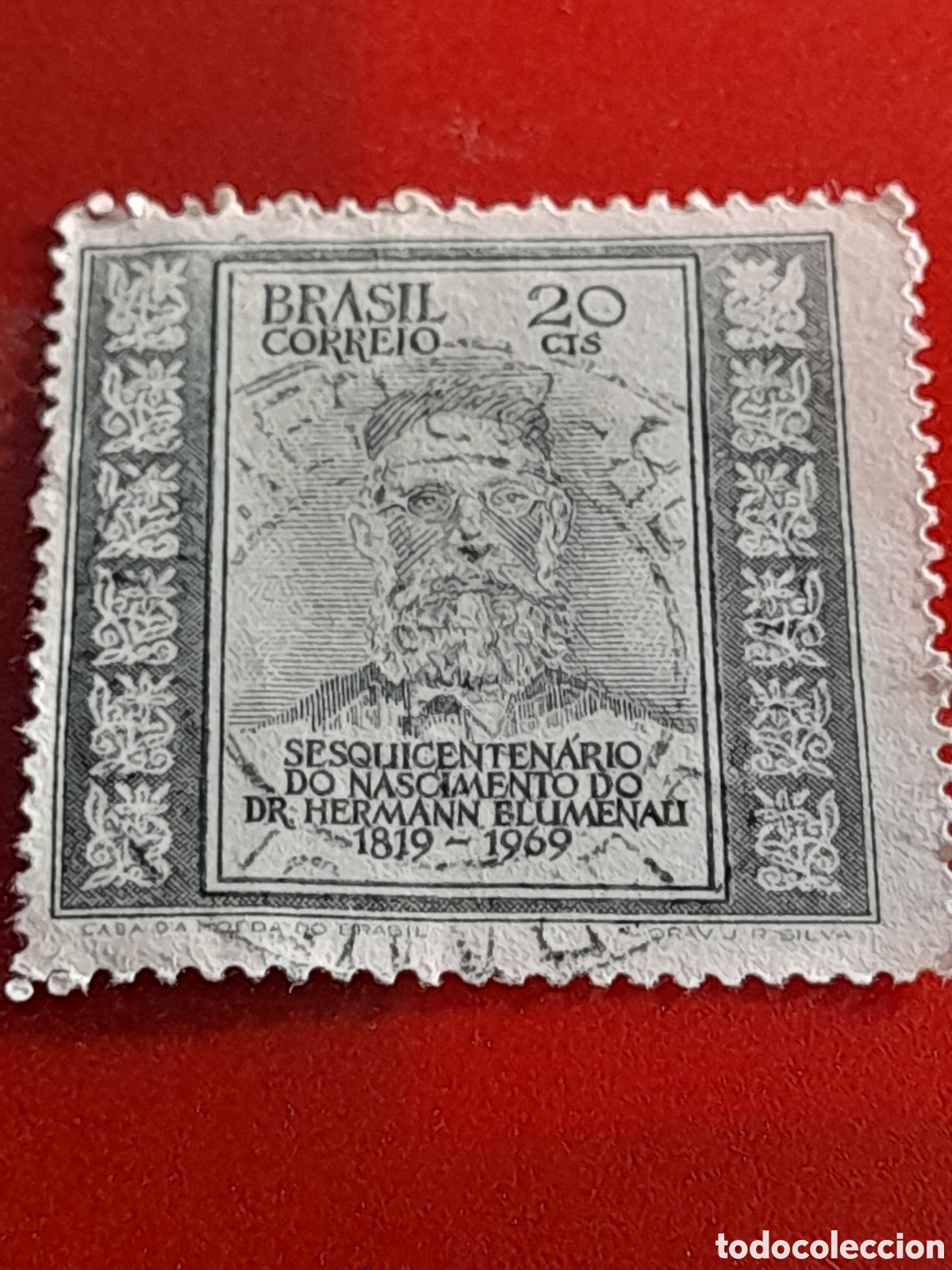 Sellos: Sello Brasil mtdo/udo 1969. 150Aniv nacimiento farmac&eacute;utico. H. Blumenau. Ar5e. Qu&iacute;mica.