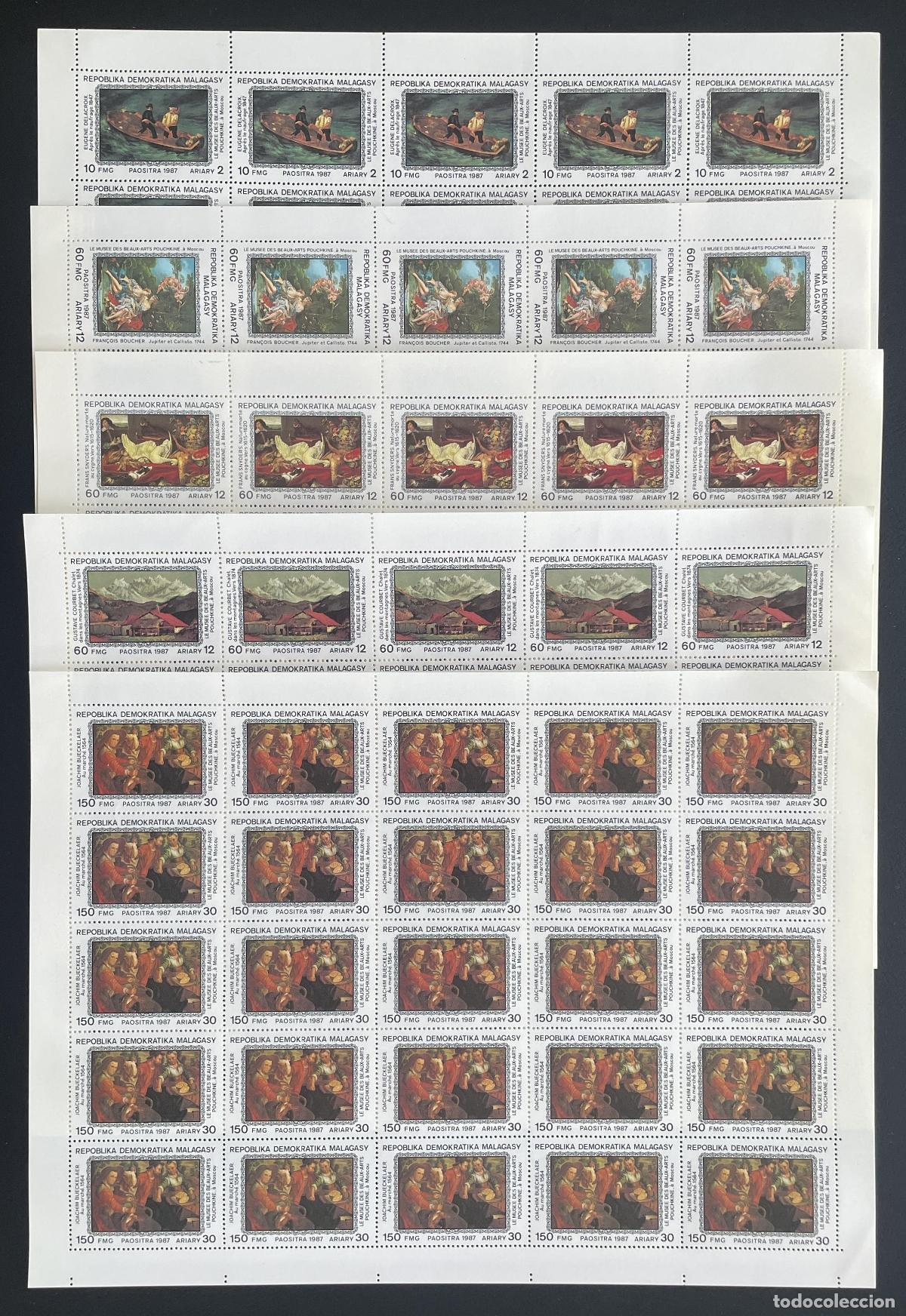 Selos: Madagascar 1987 YT 832-836 bloque pinturas Boucher Courbet Pushkin Mosc&uacute;