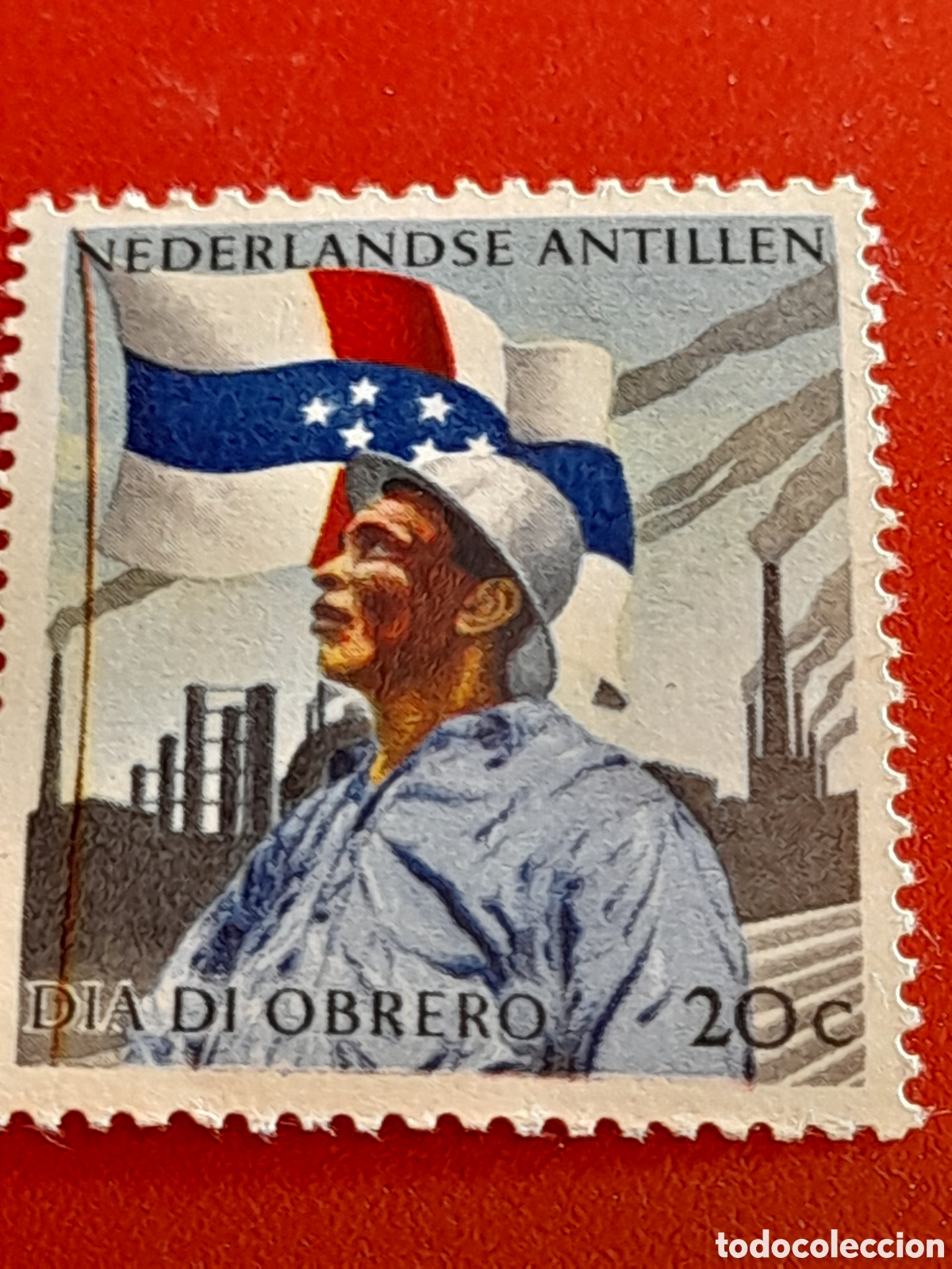 Sellos: Sello Antillas Holandesas nuevo 1960. Dia inter trabajo. Industria. Bandera. Chimeneas.