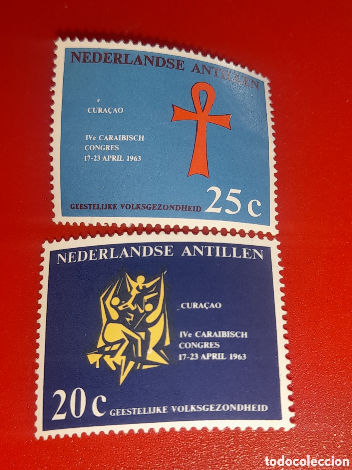 Sellos: Sello Antillas Holandesas nuevo 1963. 4 Congreso Salud menta. Psiquiatr&iacute;a. Medicina. Cruz arte