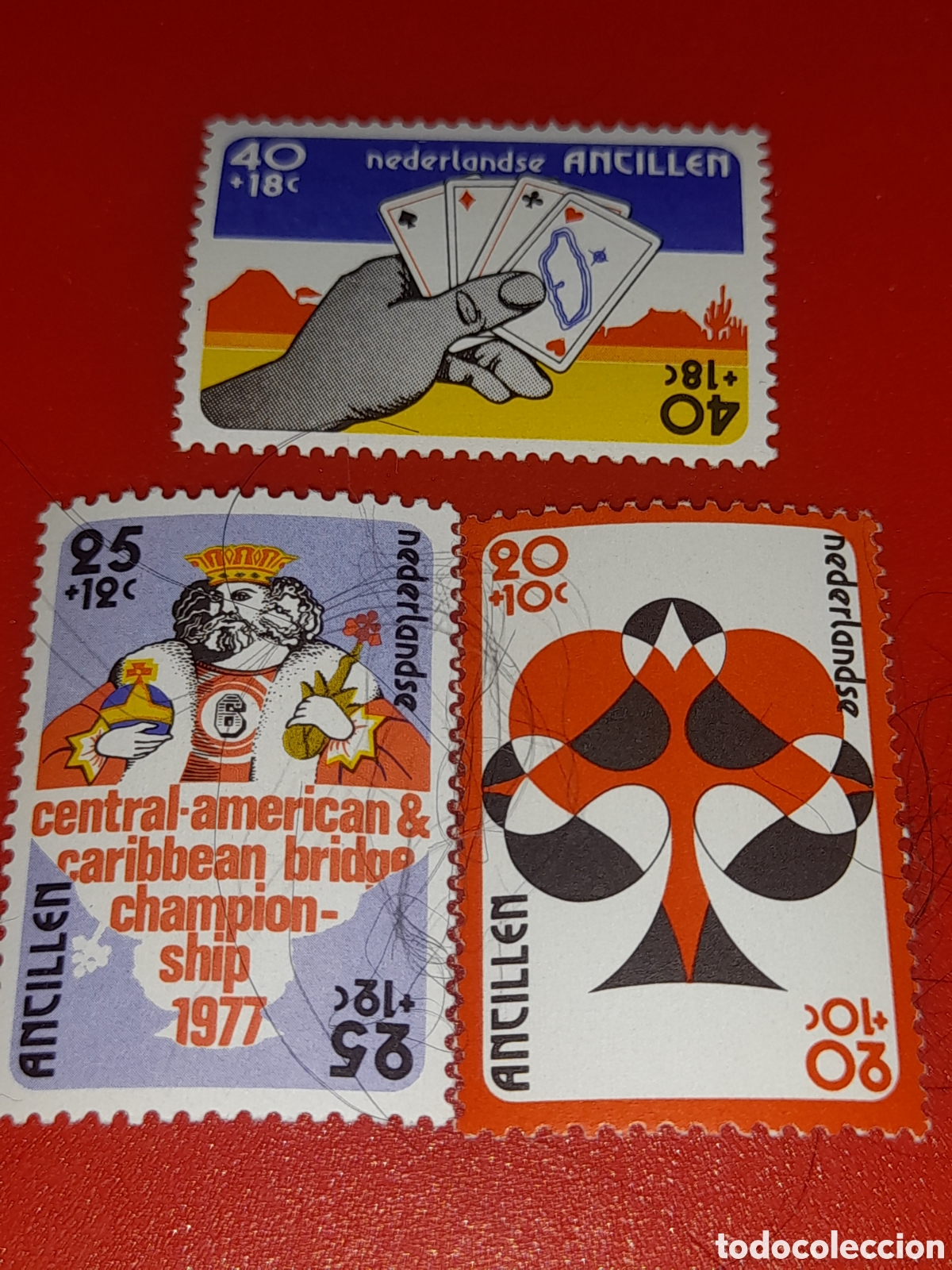 Sellos: Sello Antillas Holandesas nuevo 1977. Campeonato cartas. Bridge. Baraja Emblema. Caribe Juego Rey