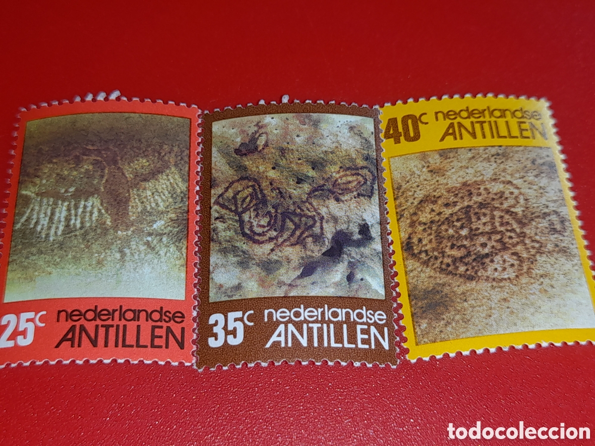 Sellos: Sello Antillas Holandesas nuevo 1977. Petroglifos. Pinturas rupestre. Pajaro. Tortuga. Prehistoria