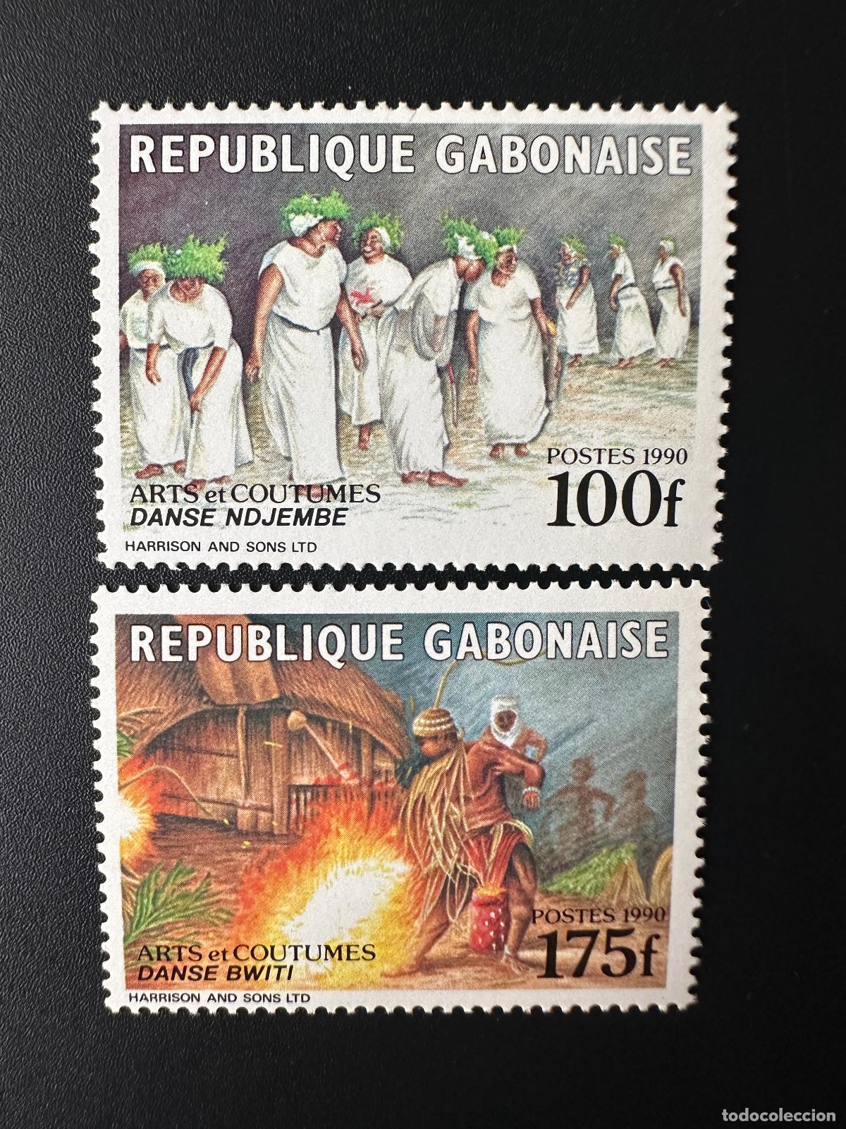 Sellos: Gab&oacute;n 1990 Mi. A-B 1071 Artes y costumbres Danza Ndjembe Bwiti Bailando Tanz