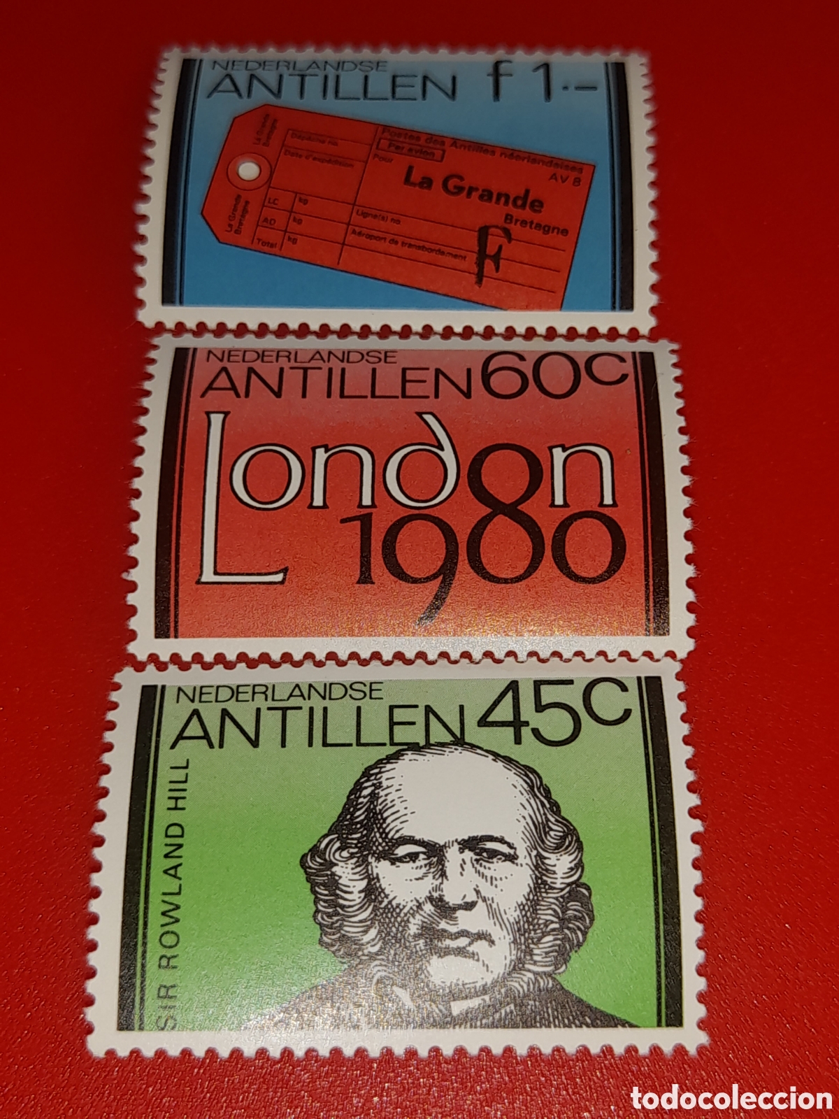 Sellos: Sello Antillas Holandesas nuevo 1980. Exp Filt Inter. Londres,80. Emblema. Rowland Hill. Etiqueta.