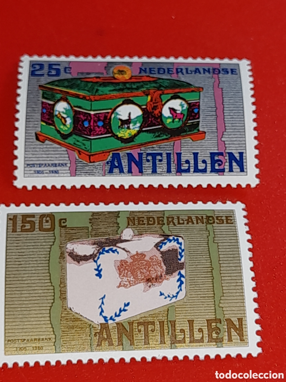 Sellos: Sello Antillas Holandesas nuevo 1980. 75Aniv caja ahorro. Tesoros. Artesania. Mucha. Numism&aacute;tica. M