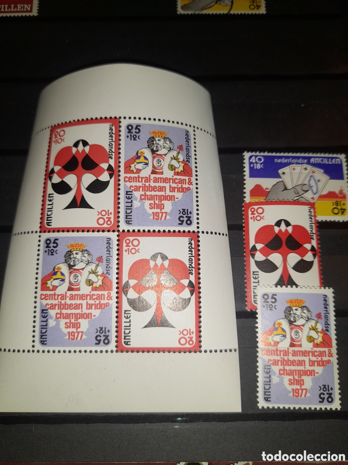 Sellos: Sello + HB Antillas Holandesas nuevo 1977. Campeonato cartas. Bridge. Baraja Emblema. Caribe Juego R