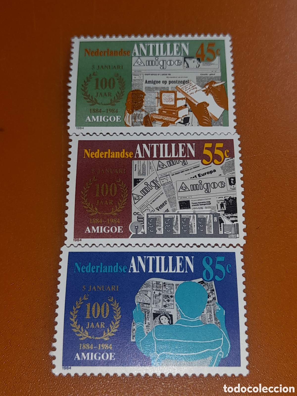 Sellos: Sello Antillas Holandesas nuevo 1985. 100Aniv peri&oacute;dico Amigos Curacao. Literatura. Imprenta. Prensa