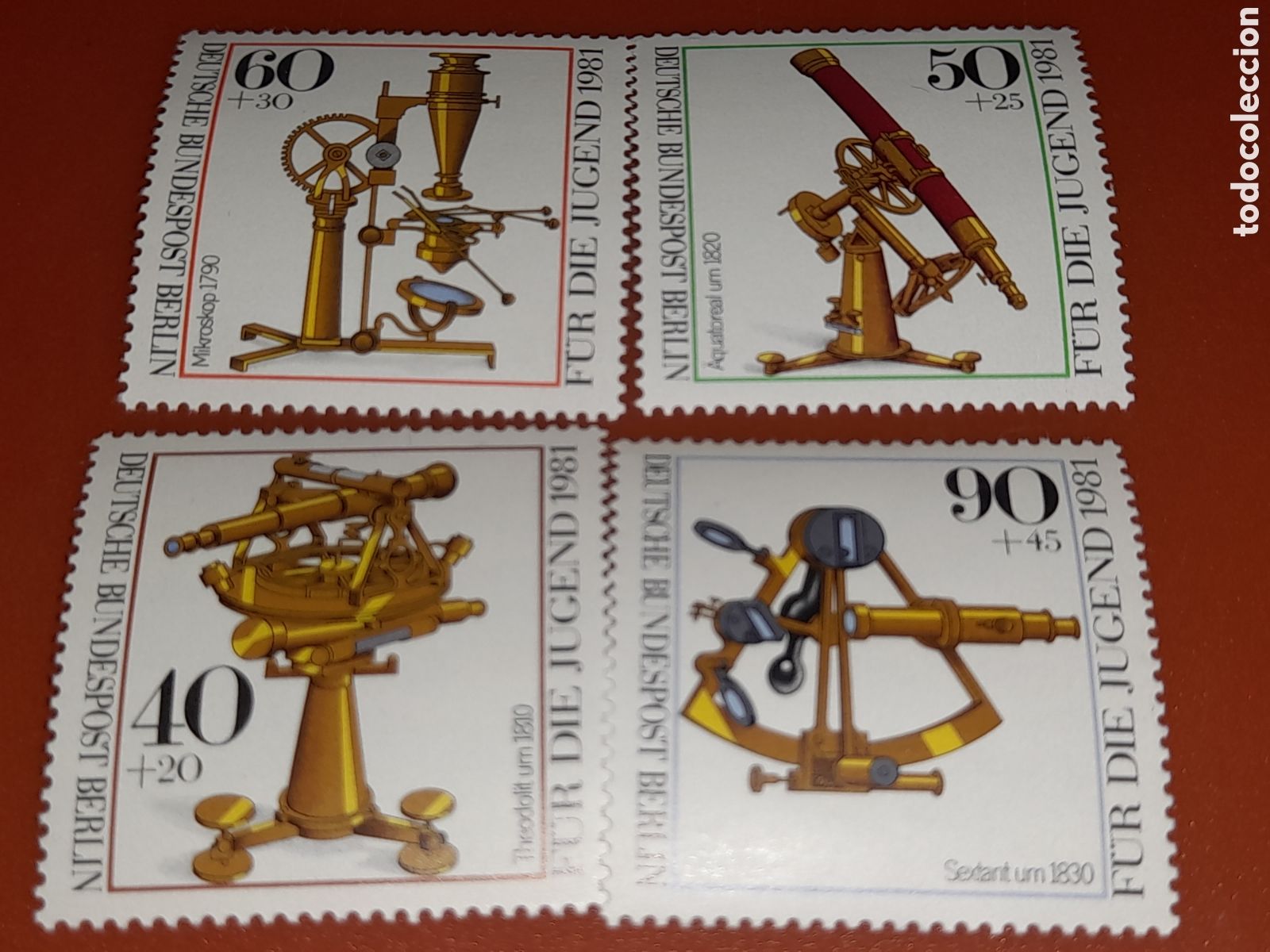 Sellos: Sello Alemania, Berlin nuevo 1981. Pro juventud. Instrumentosopticos. Sestante. Microscopio. Teodoli