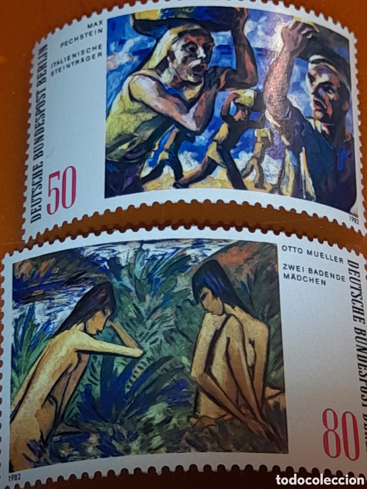 Sellos: Sello Alemania, Berlin nuevo 1982. Pinturas. Arte. Mujeres. Desnudo. Portadores. Mueller.
