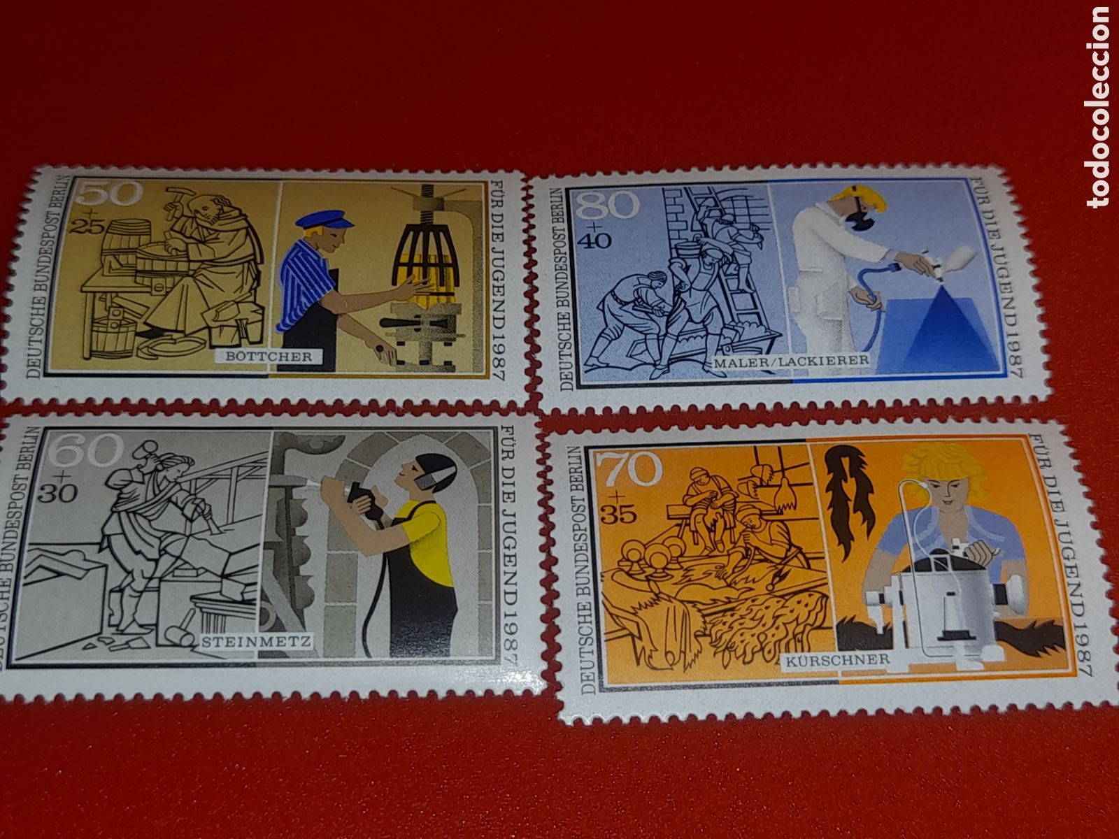 Sellos: Sello Alemania, Berlin nuevo 1987. Pro juventud. Oficios. Trabajos. Tonelero. Alba&ntilde;il. Peletero Pint