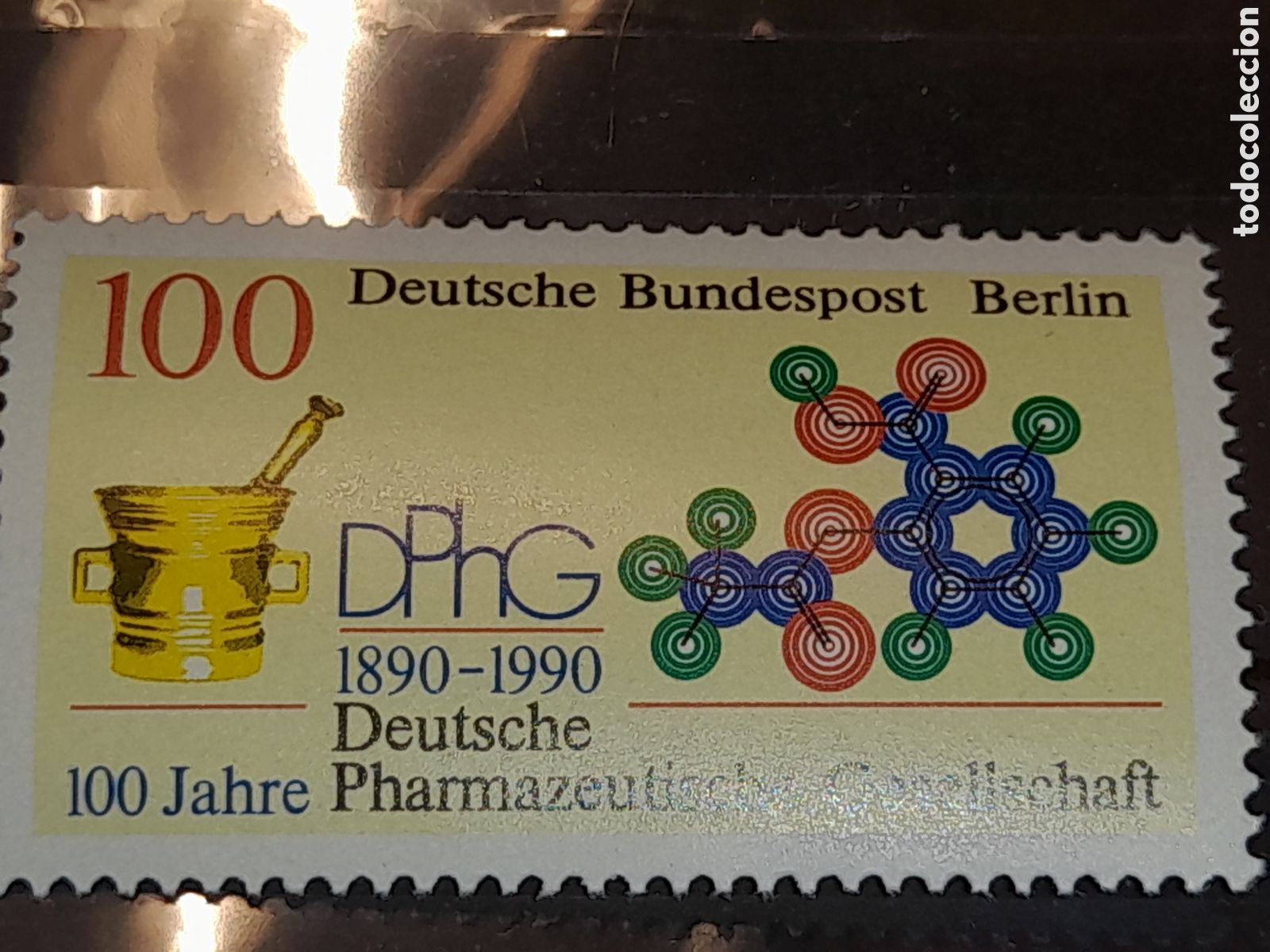 Sellos: Sello Alemania, Berlin mtdo 1990. 100Aniv Sociedad farmacia. Medicamentos. Salud. F&oacute;rmula. &Aacute;tomos. Q