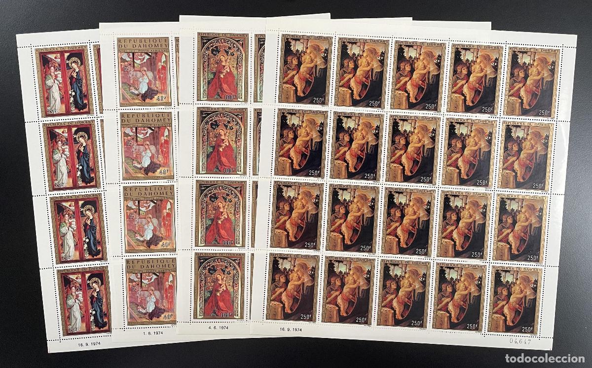 Sellos: Dahomey 1974 YT PA 227-230 tabl&oacute;n Pintura navide&ntilde;a arte religioso Madonna