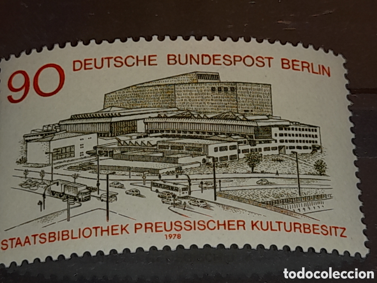 Sellos: Sello Alemania, Berlin nuevo 1978. Inauguracion biblioteca Prusia Arte Arquitectura. Coche. Autobus