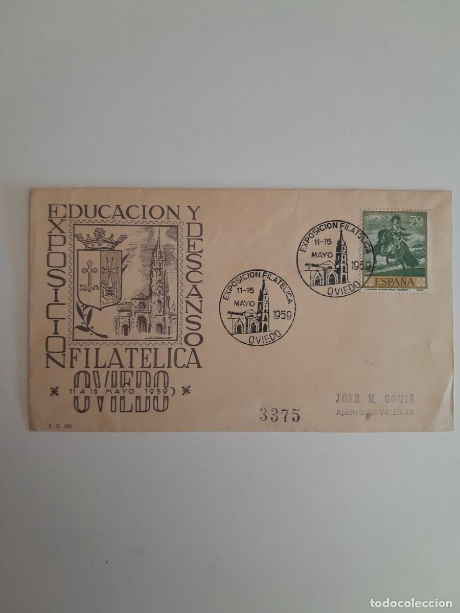 Sellos: SOBRE DE LA EXPOSICI&Oacute;N FILAT&Eacute;LICA DE OVIEDO DEL 11 AL 15 DE MAYO DE 1959
