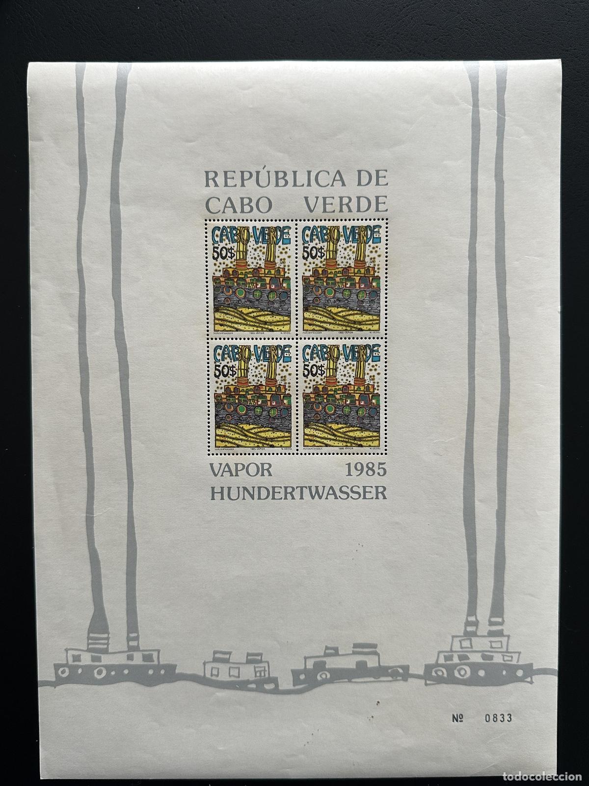 Sellos: Cabo Verde 1985 Mi. Pintura art&iacute;stica sobre barco Bl. 7 Hundertwasser Vapor