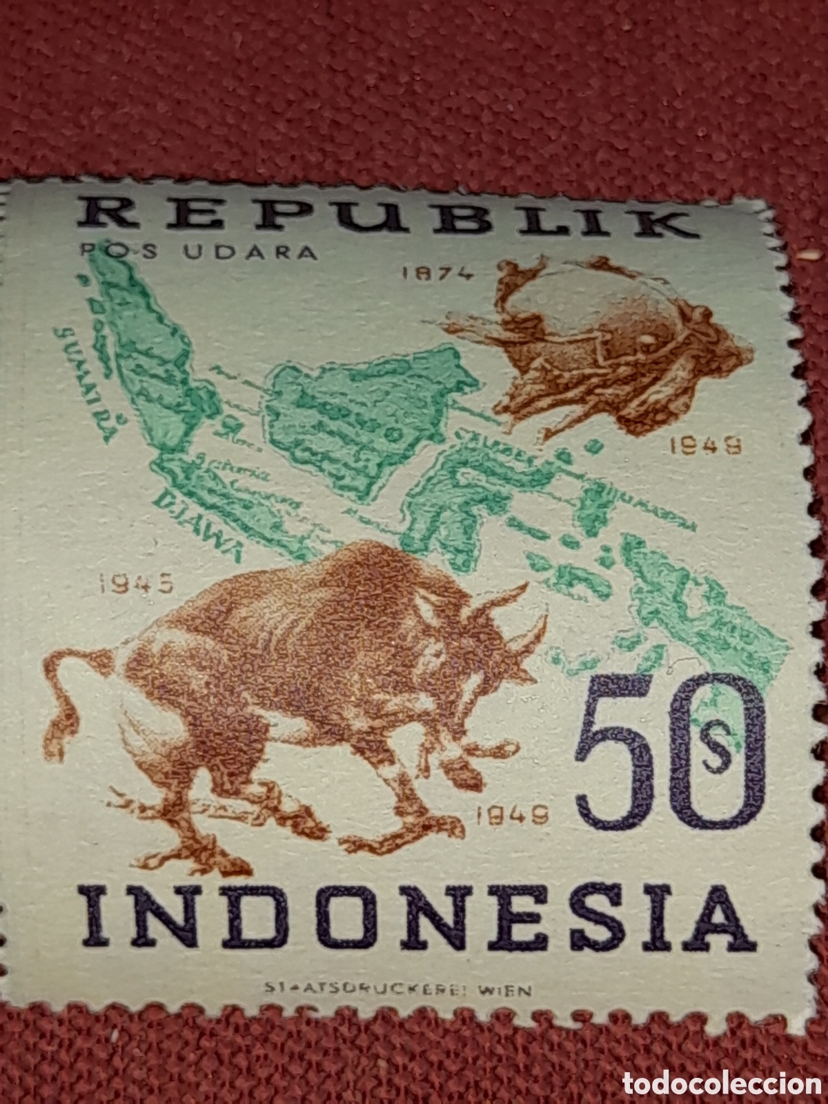 Sellos: Sello Indonesia nuevo 1949. 75Aniv Uni&oacute;n Postal Universal. Cartograf&iacute;a. B&uacute;falo. Fauna. Mapa islas.