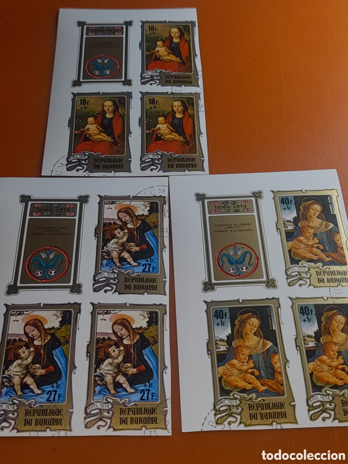Sellos: Sello Burundi mtdo/sd 1974. Navidad. Arte. Pinturas. Virgen. Ni&ntilde;o. Religi&oacute;n. Lippi. Gredi.