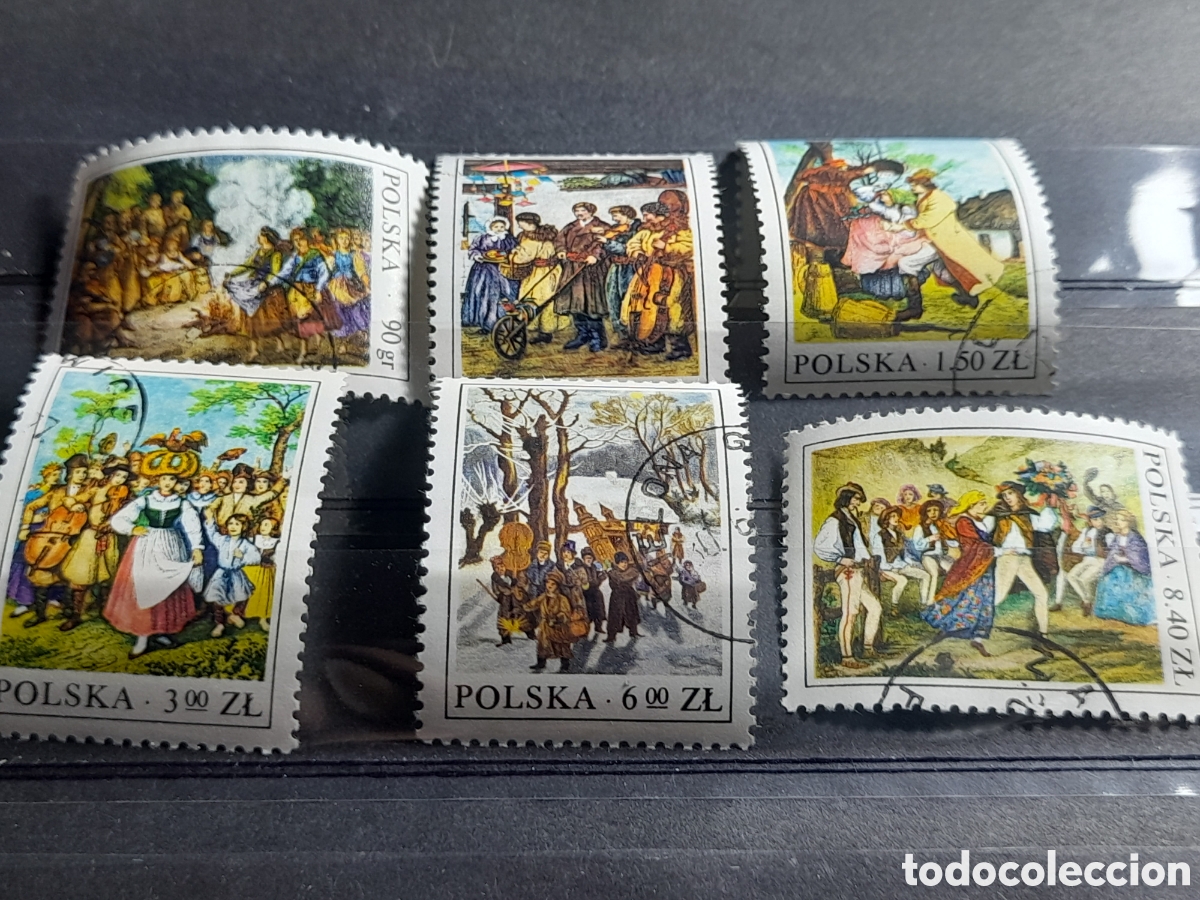 Sellos: Sello Polonia mtdo 1977. Folclore. Arte. Grabados S. XIX. Arte. Disfraz. Bailes. Naturaleza. Trajes.