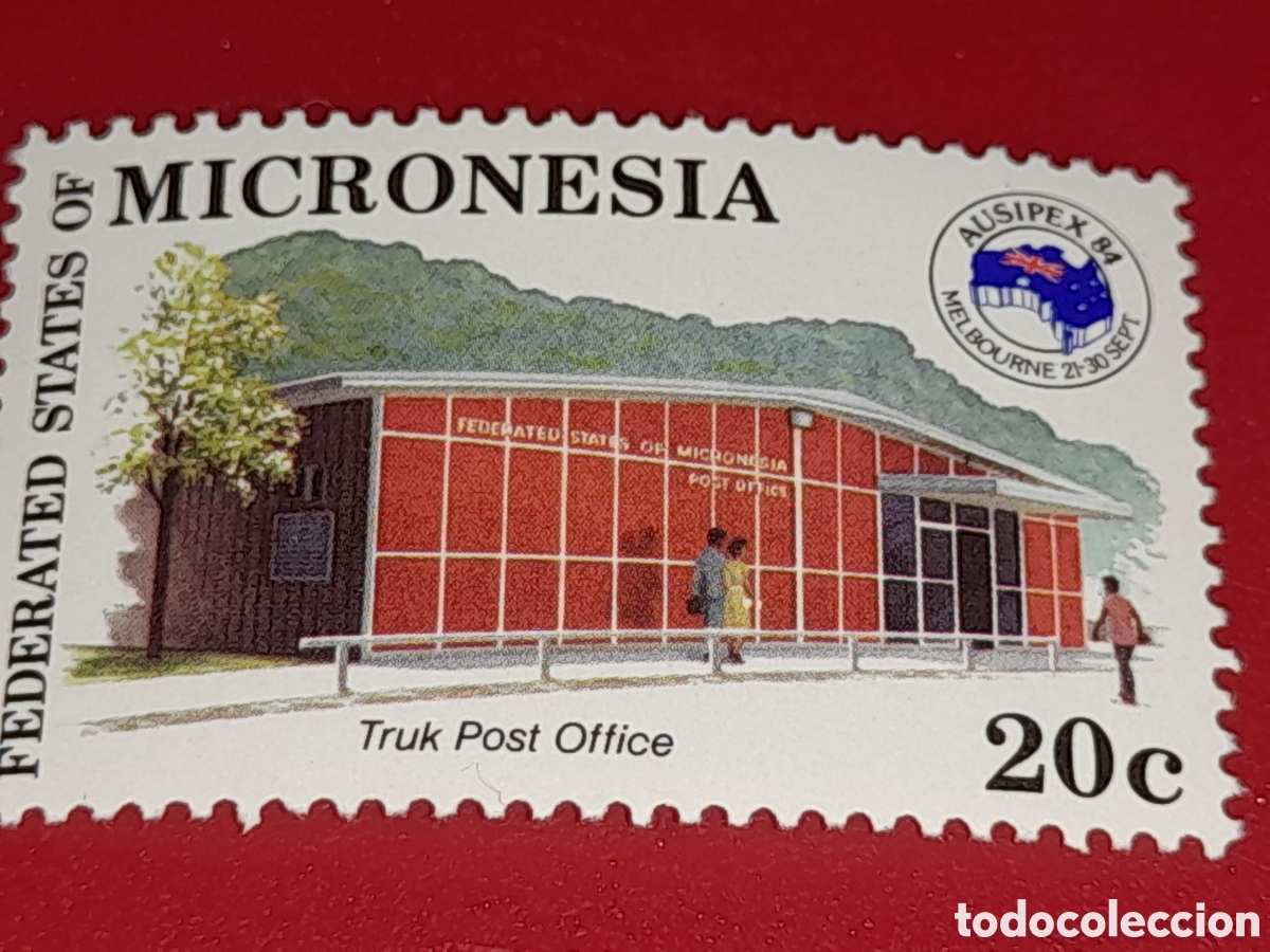 Sellos: Sello Micronesia nuevo 1984. Exp Filt Inter. AUSIPEX,84. Arquitectura. Sede. &Aacute;rbol.