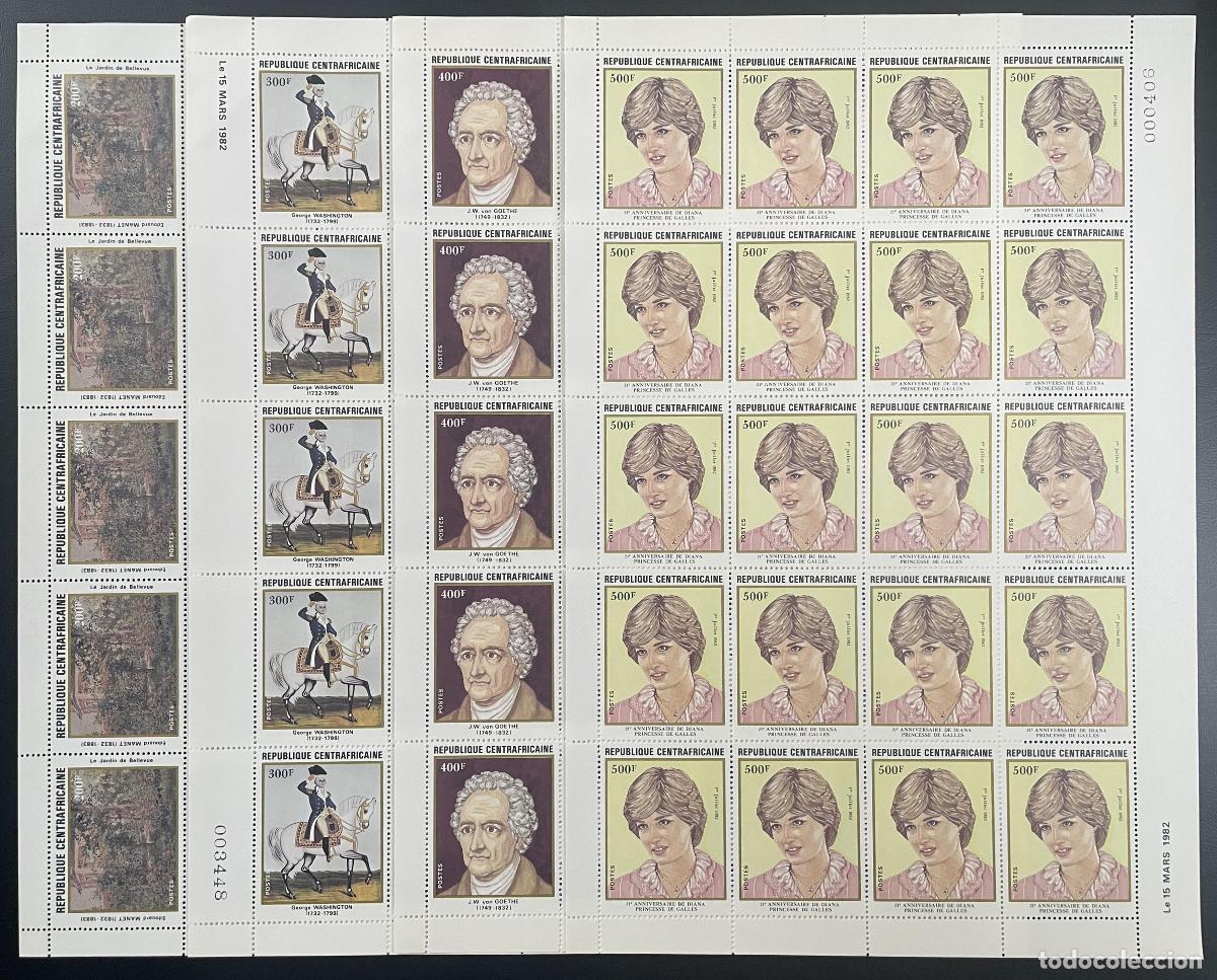Sellos: Rep&uacute;blica Centroafricana 1982 YT 507-510 tabl&oacute;n Washington Goethe Diana Manet