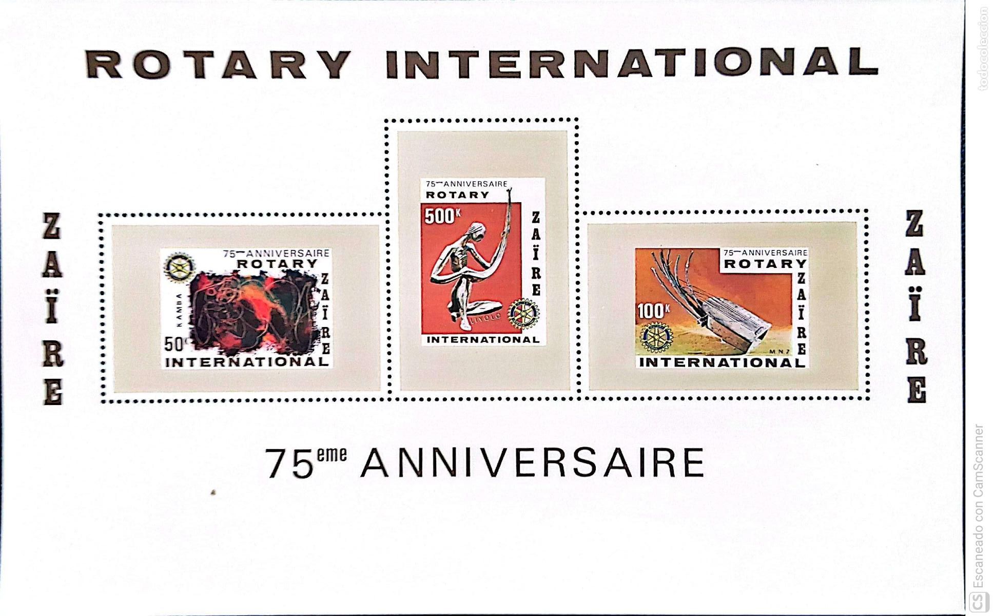 Sellos: Zaire. 992/94 Aniversario del Rotary Internacional: Emblema, pintura Kamba, instrumento de m&uacute;sica y