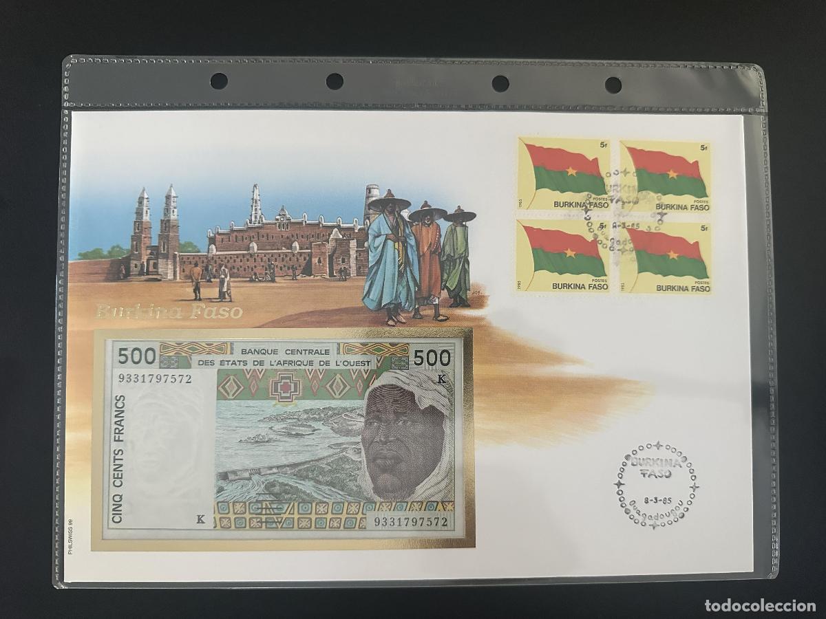 Sellos: Burkina Faso sobre numism&aacute;tico billete 500 Francos BCEAO 1985 bandera